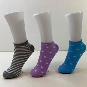 Womens Ankle Socks Set 3 Heart Bow Print Stripes Gray Purple Blue White